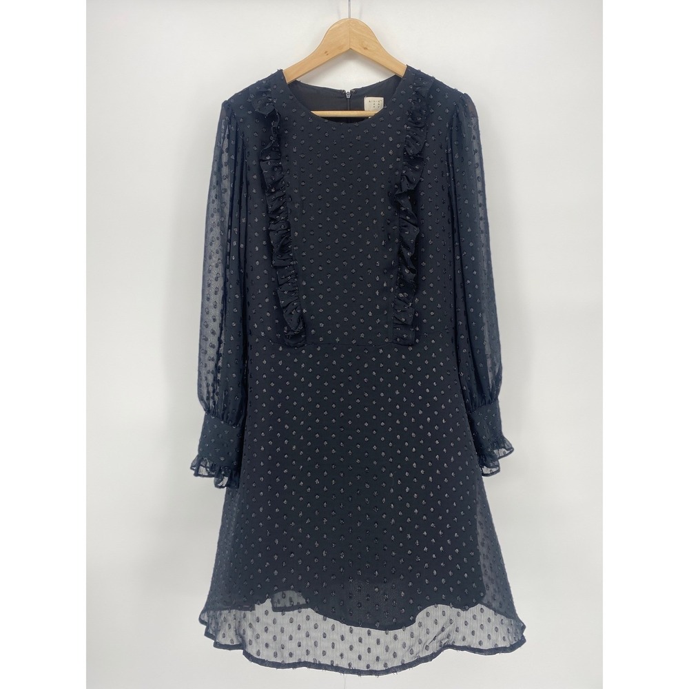 A New Day Dress Women L Navy Blue Excellent Ruffle Clip Dot Long Sleeve Mini